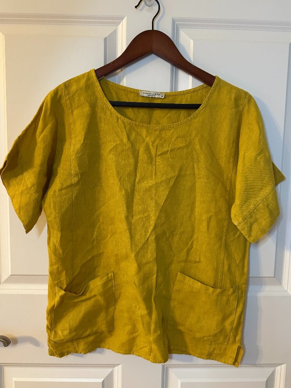Francesca Bettini Italian Linen Lagenlook Boxy Pocket Top Mustard Made Italy